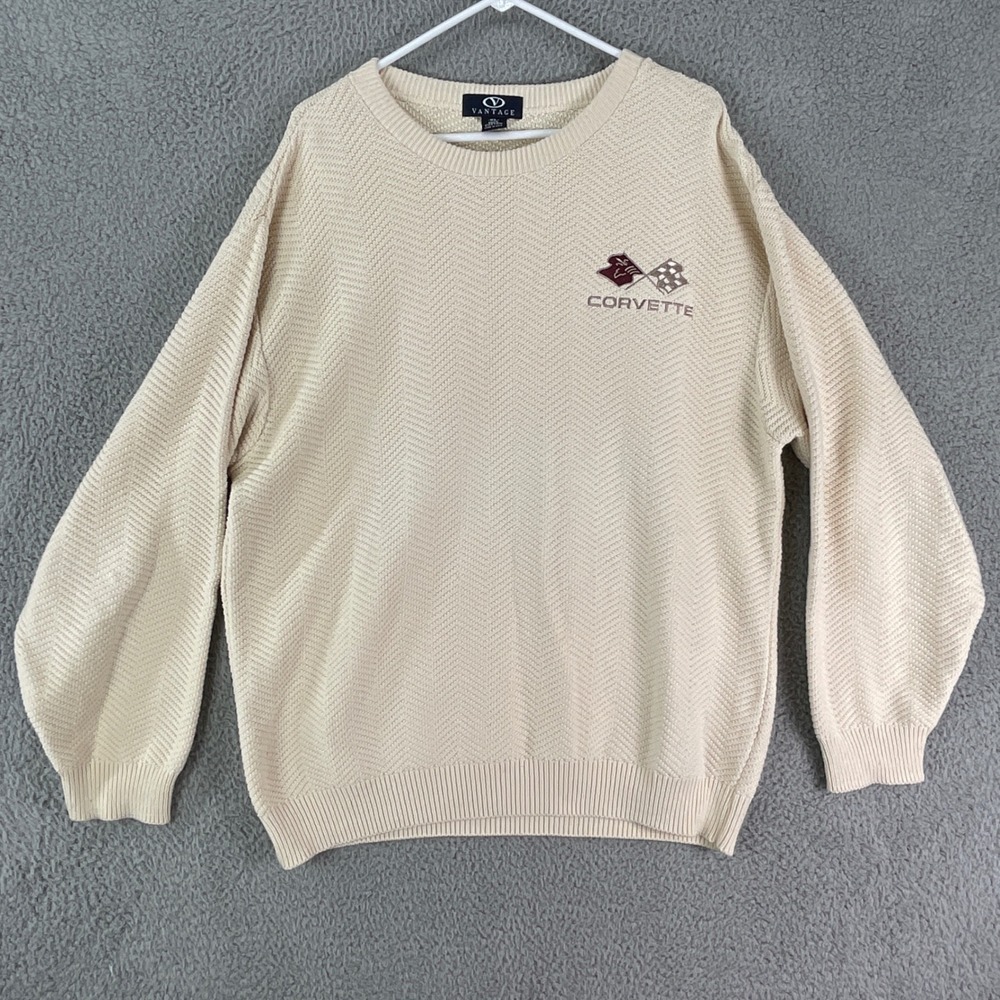 Vantage Corvette Sweater Mens XXL Cream Cotton Chevron Knit Embroidered Vintage
